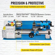 Bild in Galerie-Viewer laden, SucceBuy Mini Metal Lathe Machine 7"x14" 550W 180x350mm Variable Speed + 3 Jaw Chuck for Metalworking Turning Drilling Threading
