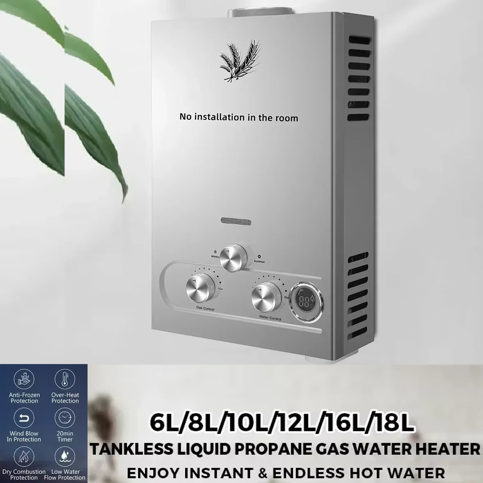 SIHAO Instant Hot Water Boiler for Home, multi-size LPG gas models available, stainless steel construction with fast heating, a reliable choice for steady hot water supply in daily showers and household living