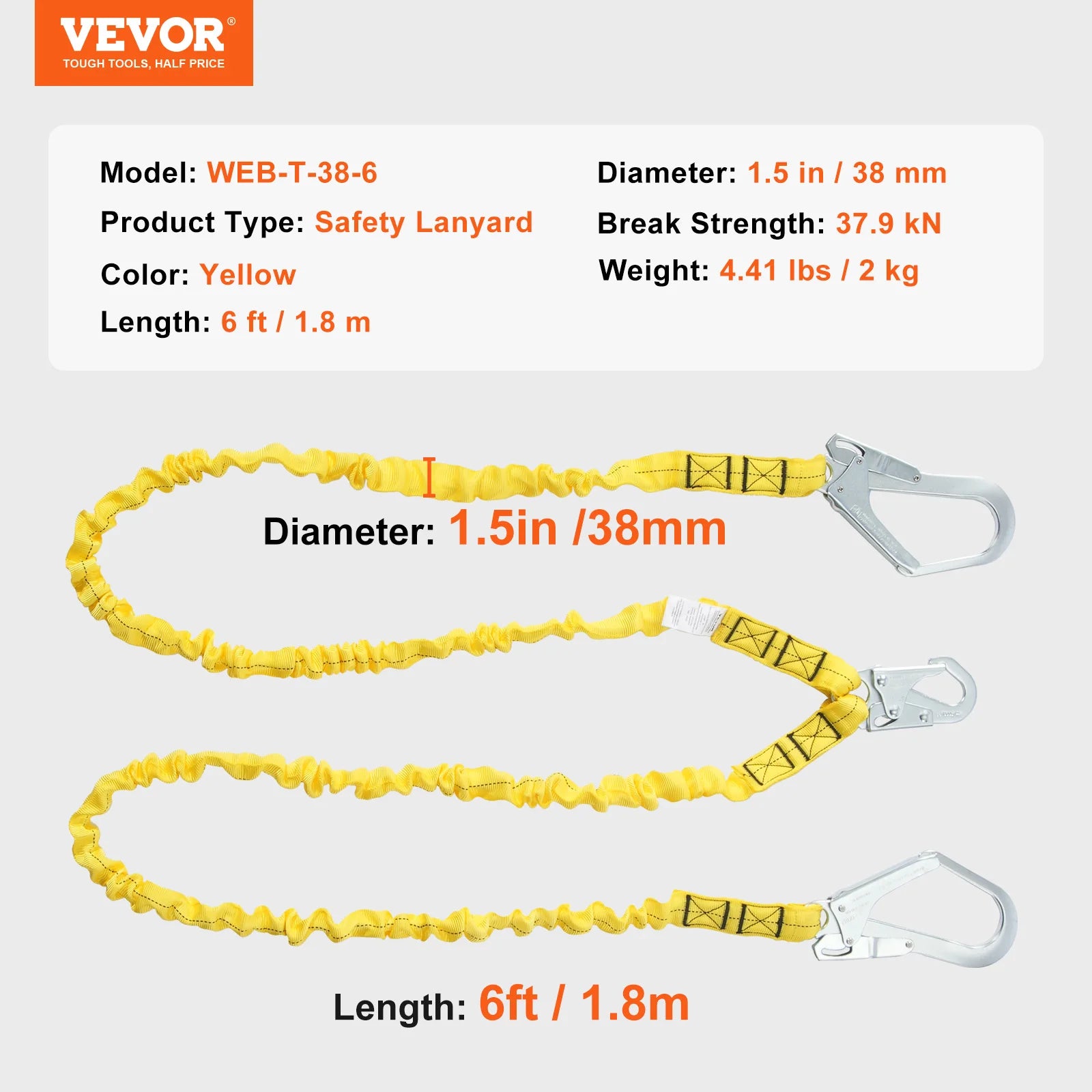 VEVOR 38mm Safety Lanyard 6ft(1.83m) Fall Protection Lanyard Retractable Safety Belt for Outdoor/Indoor Tree Climbing Yellow