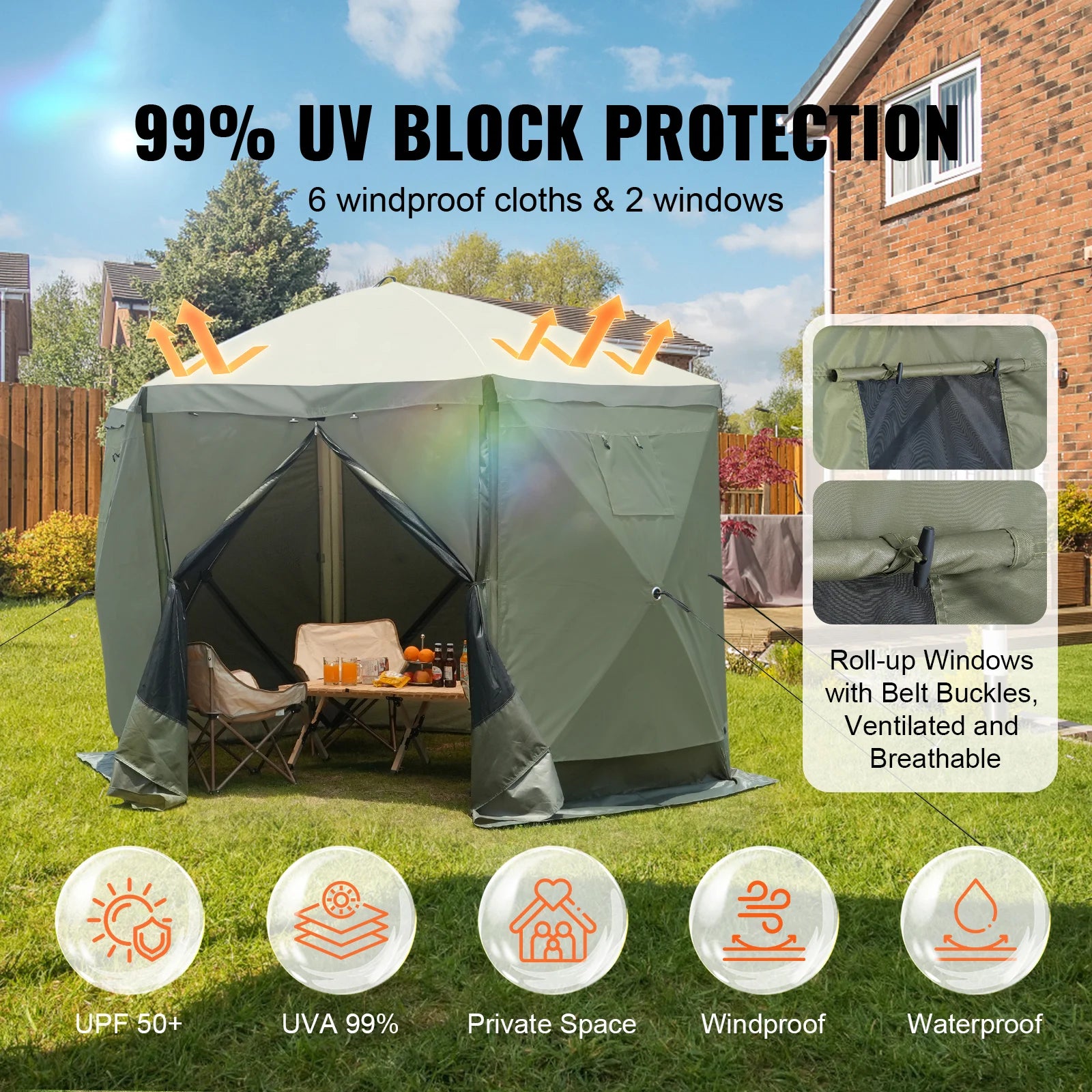 SucceBuy Pop Up Gazebo Tent, Pop-Up Screen Tent 6 Sided Canopy Sun Shelter with 6 Removable Privacy Wind Cloths & Mesh Windows