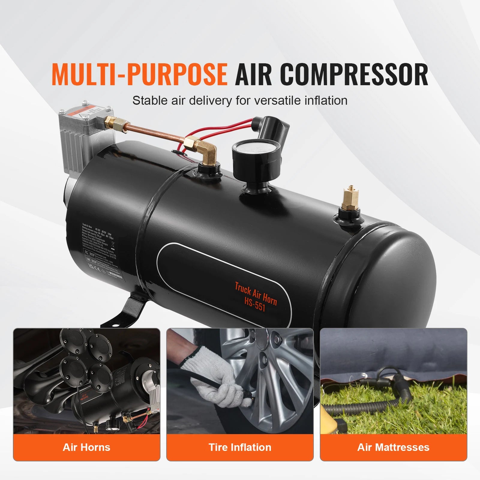 SucceBuy 12V Air Compressor with Tank 0.8 Gal/3L Train Horn Air Compressor 120psi Working Pressure Onboard Air Compressor System