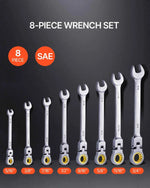 Amocart Flex-Head Ratcheting Wrench Set 8PCs Combination Wrench Set Roll-up Pouch Cr-V Steel Flexible Ratcheting Wrench Set