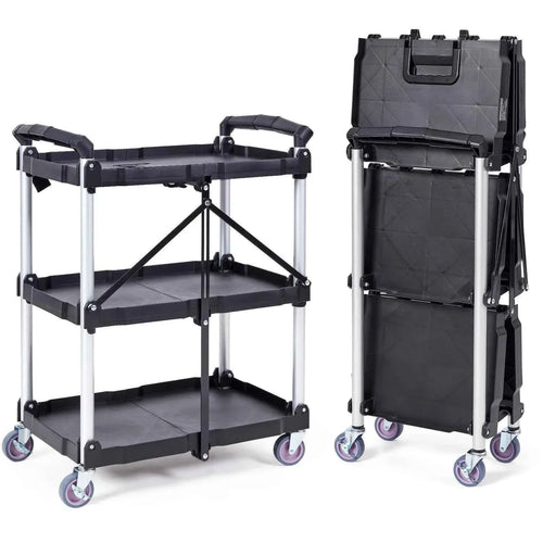 Amocart 3 Tier Folding Rolling Utility Cart Storage Shelf Movable Gap Rack Serving Cart Slide Organizer for Kitchen Bathroom