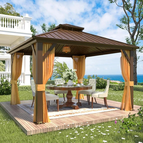 12x12 Hardtop Gazebo Aluminum Frame Double Galvanized Steel Roof Curtains & Netting Patios Garden Parties Lawn, Custom