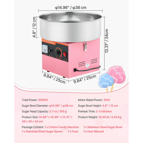 Amocart Cotton Candy Machine Commercial 1000W Electric Candy Floss Maker Easy Use with 15 inch Stainless Steel Bowl