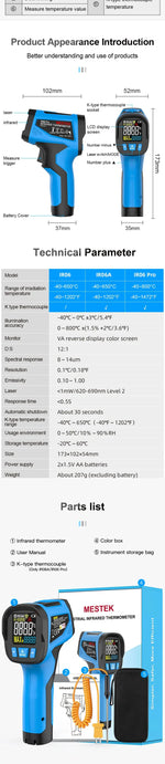 -50 to 800 Degree Mestek Digital Infrared Thermometer Laser Temperature Meter Non-contact Pyrometer Hygrometer IR Thermometer