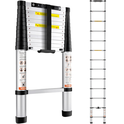 SucceBuy Telescoping Ladder 12.5 FT Aluminum One-Button Retraction Collapsible Extension 375 LBS Capacity w/Non-Slip for Home RV