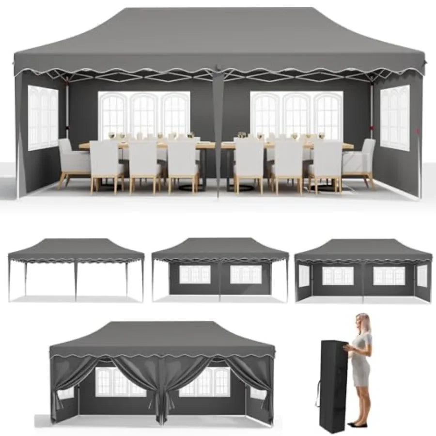 10x20ft Pop up  Tent w/6 Sidewalls Heavy Duty Wedding Party Tent Height Adjustable Large Commercial Gazebo  Sun Protection Shel