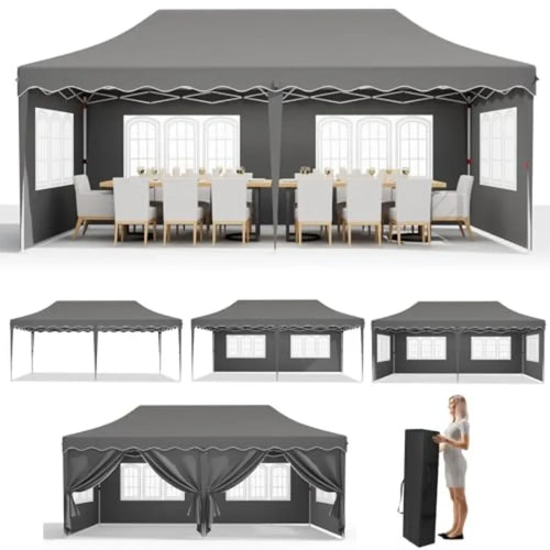 10x20ft Pop up  Tent w/6 Sidewalls Heavy Duty Wedding Party Tent Height Adjustable Large Commercial Gazebo  Sun Protection Shel