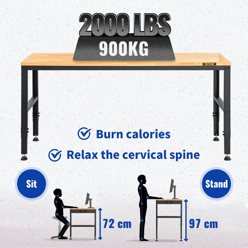 SucceBuy Heavy-Duty Workbench 72cm Adjustable Height Oak Wood Hardwood Top Table 900KG Load Capacity for Office Home Workshop