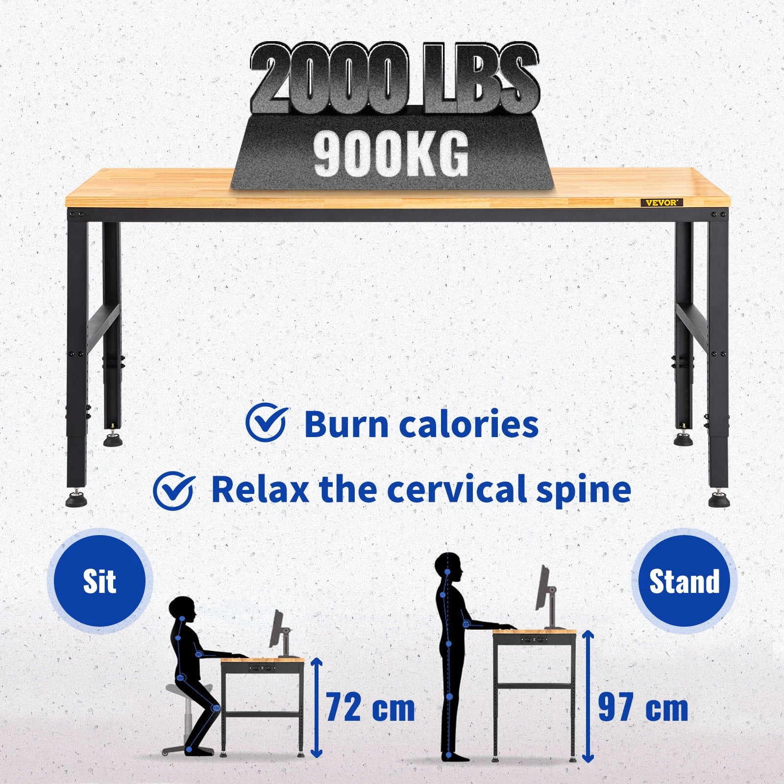 SucceBuy Heavy-Duty Workbench 72cm Adjustable Height Oak Wood Hardwood Top Table 900KG Load Capacity for Office Home Workshop