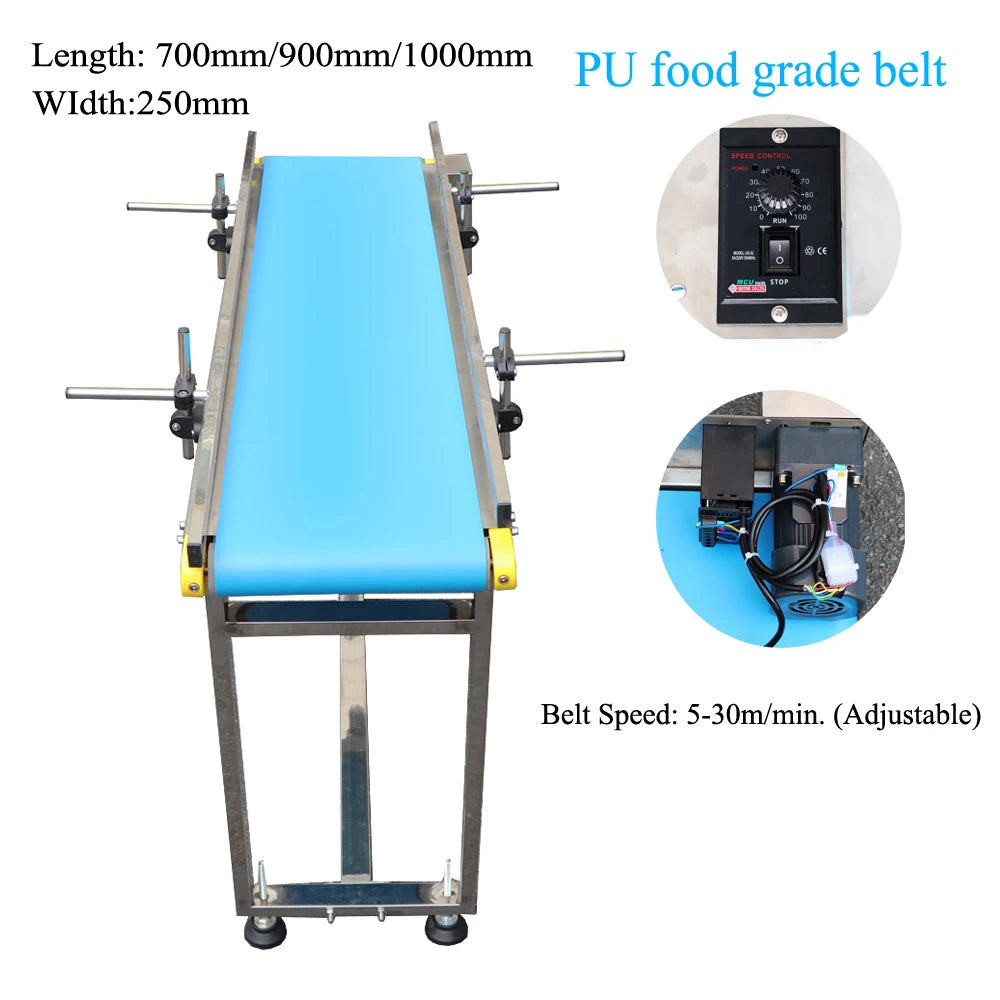 PU Food Grade Belt Conveyor 1000mm Table Double Guardrail Optional Steel Body Adjustable Speed for Factory Inkjet Coding Machine
