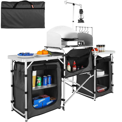 SucceBuy Camping Outdoor Küche Tisch Schrank Klappbar Faltbar Kochaufbewahrungsregal X-förmige Aluminiumlegierung Halterung für BBQ