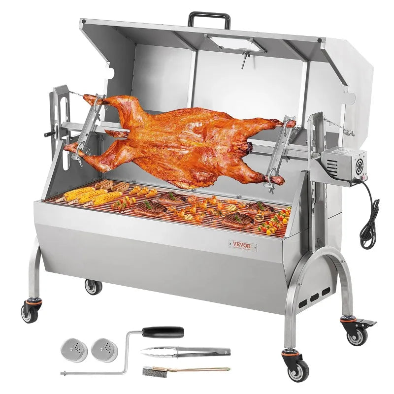 SucceBuy Rotisserie Grill with Hooded Cover BBQ Whole Pig Lamb Goat Charcoal Spit Grill Electric Stainless Steel Roaster