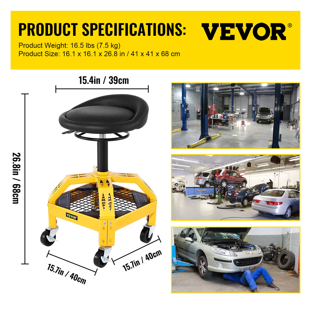 SucceBuy Rolling Garage Stool Car Detailing Stool Adjustable Height Mechanic Seat With Tool Tray Workshop Auto Repair Shop Stool Amocart