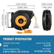 Load image into Gallery viewer, SucceBuy Retractable Extension Cord Reel 45 FT / 65 FT with Lighted Triple Tap Outlet 180° Swivel Bracket Heavy Duty Power Cord
