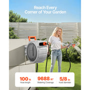Load image into Gallery viewer, SucceBuy 5/8 Inch x 100ft Retractable Garden Hose Reel with 9 Patterns Nozzle Upgraded Slow Return System and 180°Swivel Bracket
