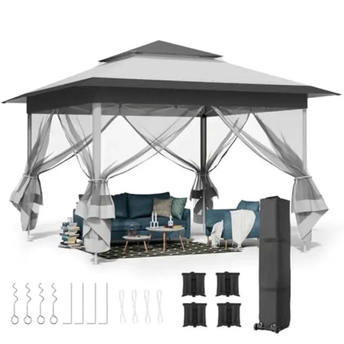 13Feet Pop Up Gazebo Outdoor   Tent w/4 Netting Sidewall Auto Extending Eave Patio Gazebos Shelter w/Mesh Wall Center Lock Whee