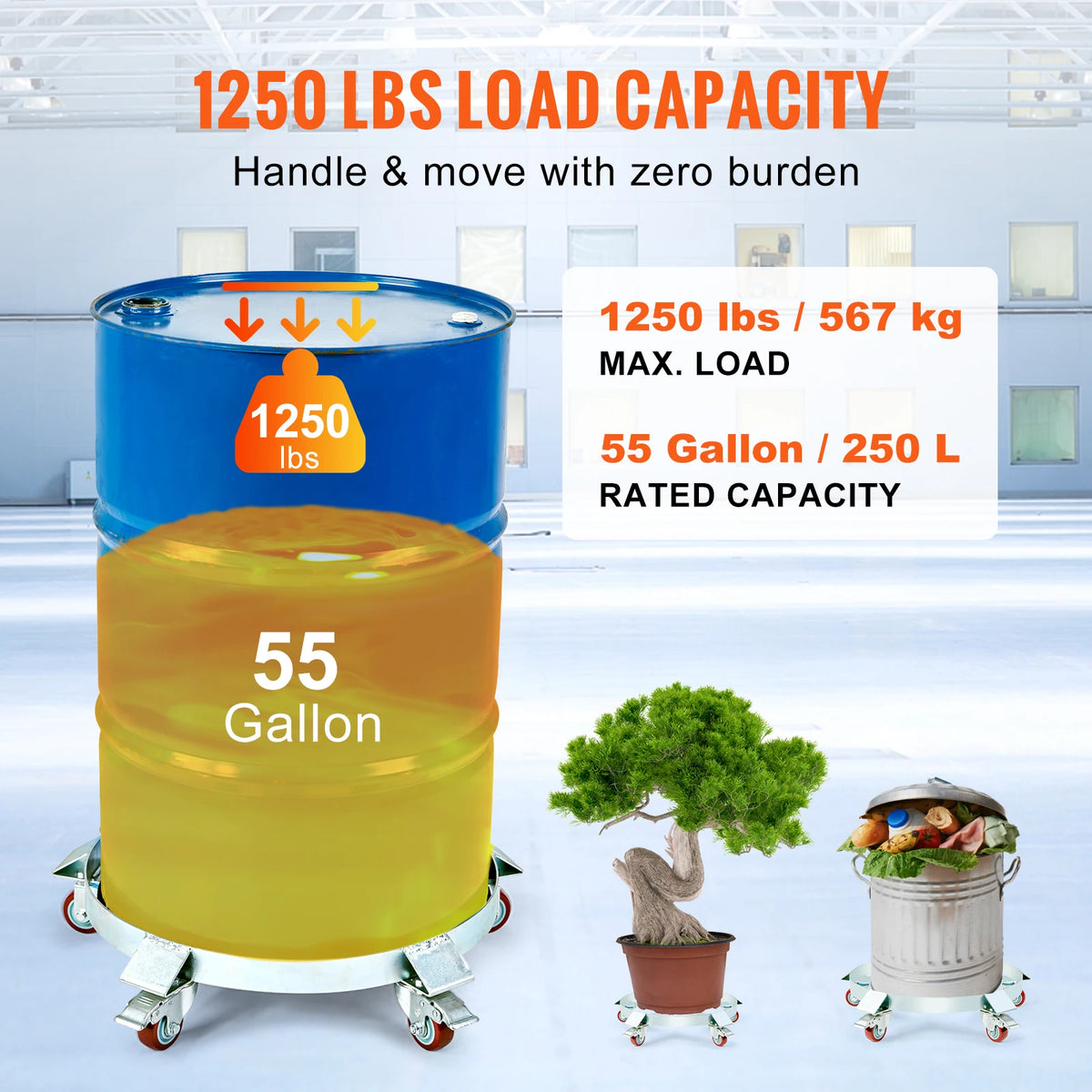 SucceBuy 1250lbs Drum Dolly Cart 55 Gallon Caddy Barrel Dolly Hand Truck with 5 Swivel Casters Wheel for Warehouse Drum Handling