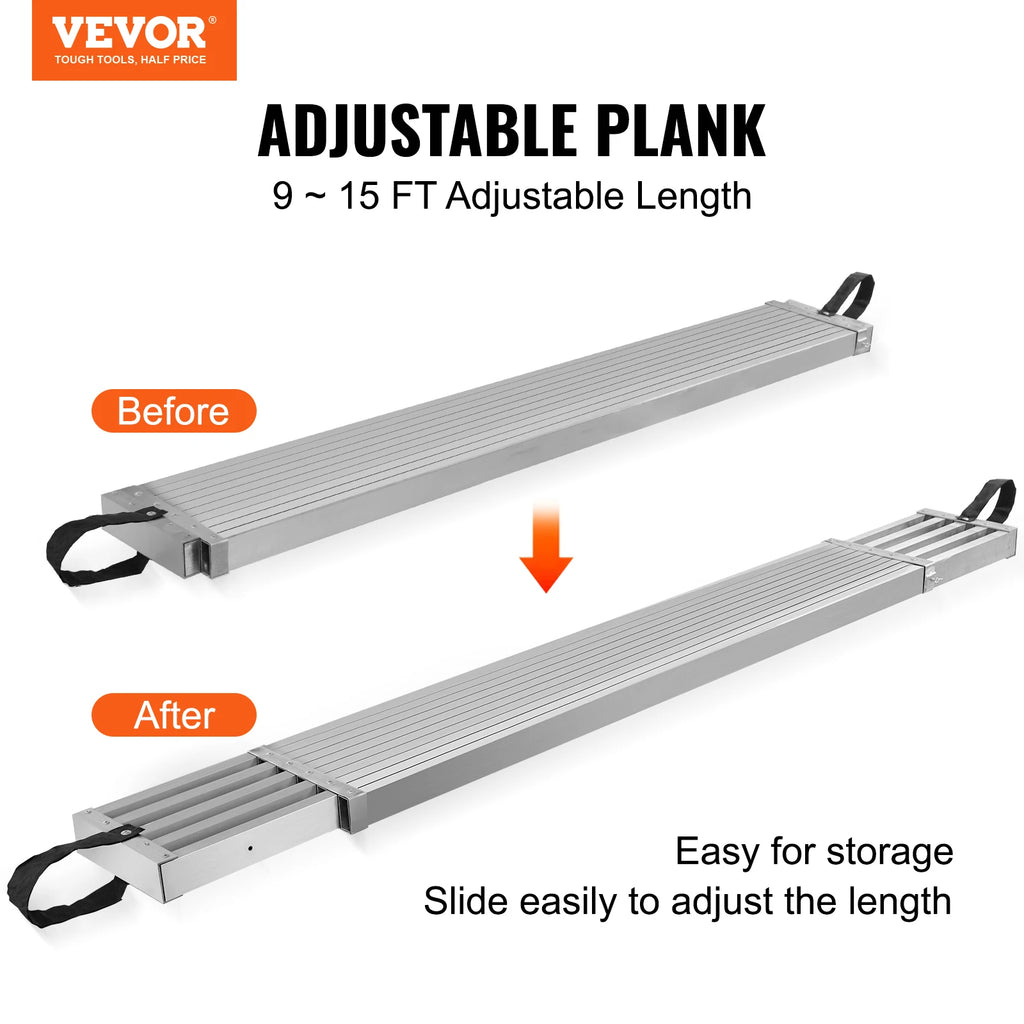 SucceBuy Telescoping Aluminum Work Plank 9-15Feet 500lbs Capacity 12.5inch Width Aluminum Scaffold Plank Extension Staging Plank