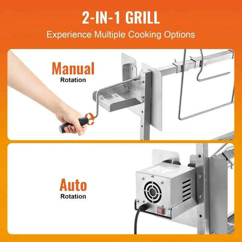 【Premium】SucceBuy 35inch Rotisserie Grill Electric Motor Charcoal Spit Grill Stainless Steel Roaster w/Lock le Wheels for Campin