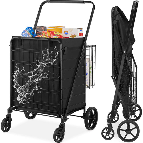 SucceBuy Folding Shopping Cart w/ Removable Waterproof Liner 106/330LBS Large Capacity 360° Swivel Wheels Dense Metal Mesh Base