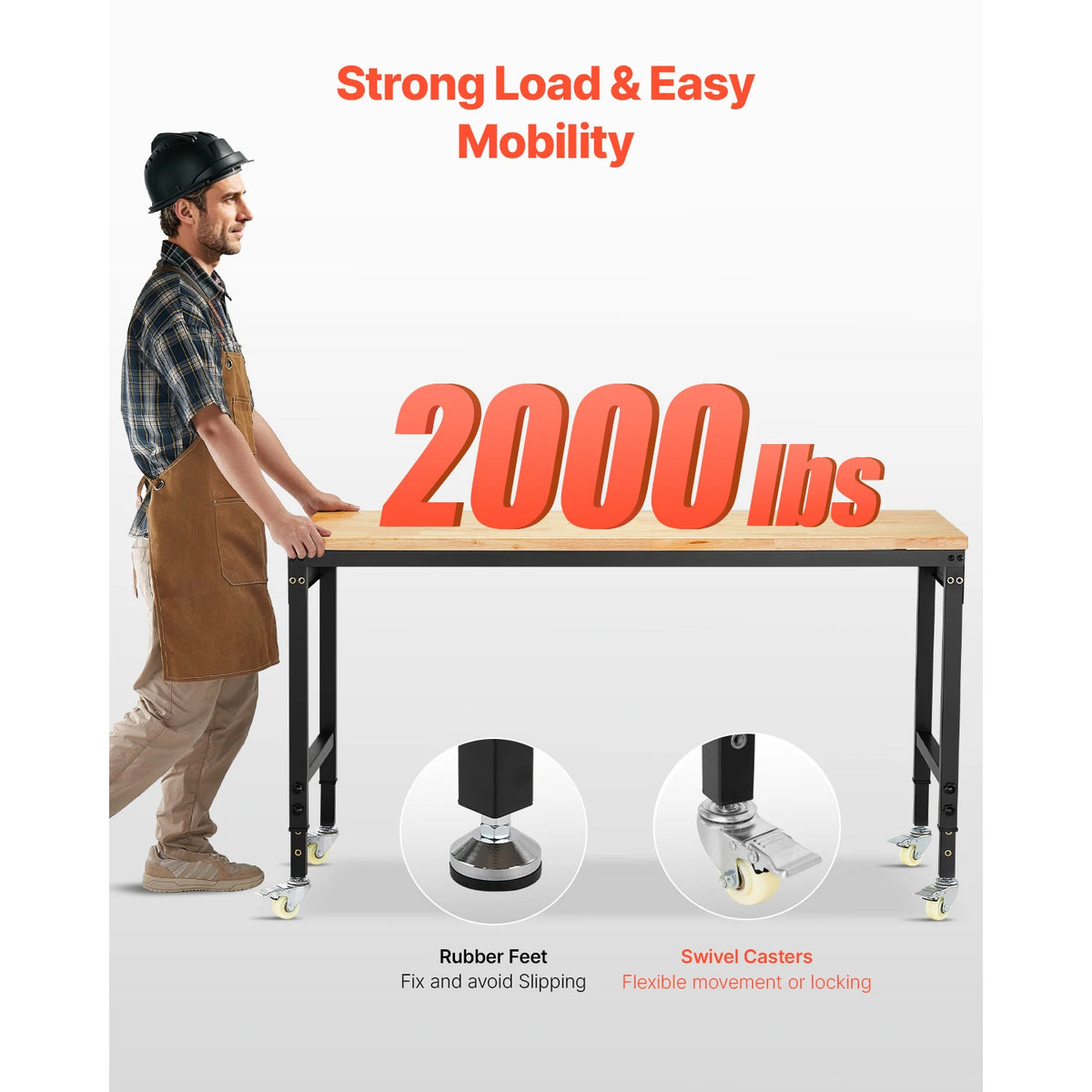 SucceBuy 60-Inch Adjustable Workbench 2000 lbs Load Work Bench with Power Outlet Wheels and Pegboard for Garage Workshop Home