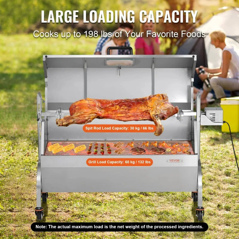 SucceBuy Rotisserie Grill with Hooded Cover BBQ Whole Pig Lamb Goat Charcoal Spit Grill Electric Stainless Steel Roaster