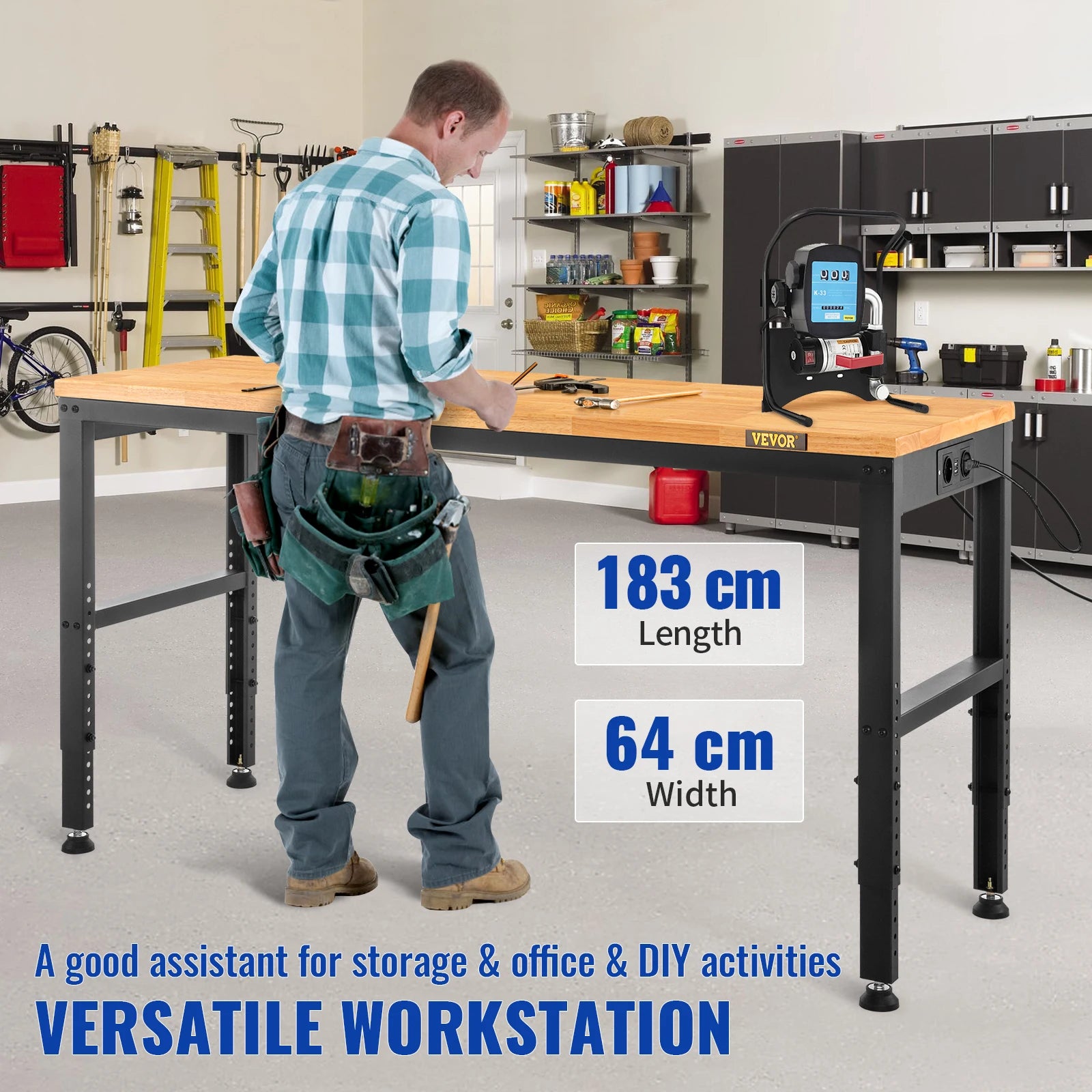 SucceBuy Heavy-Duty Workbench 72cm Adjustable Height Oak Wood Hardwood Top Table 900KG Load Capacity for Office Home Workshop
