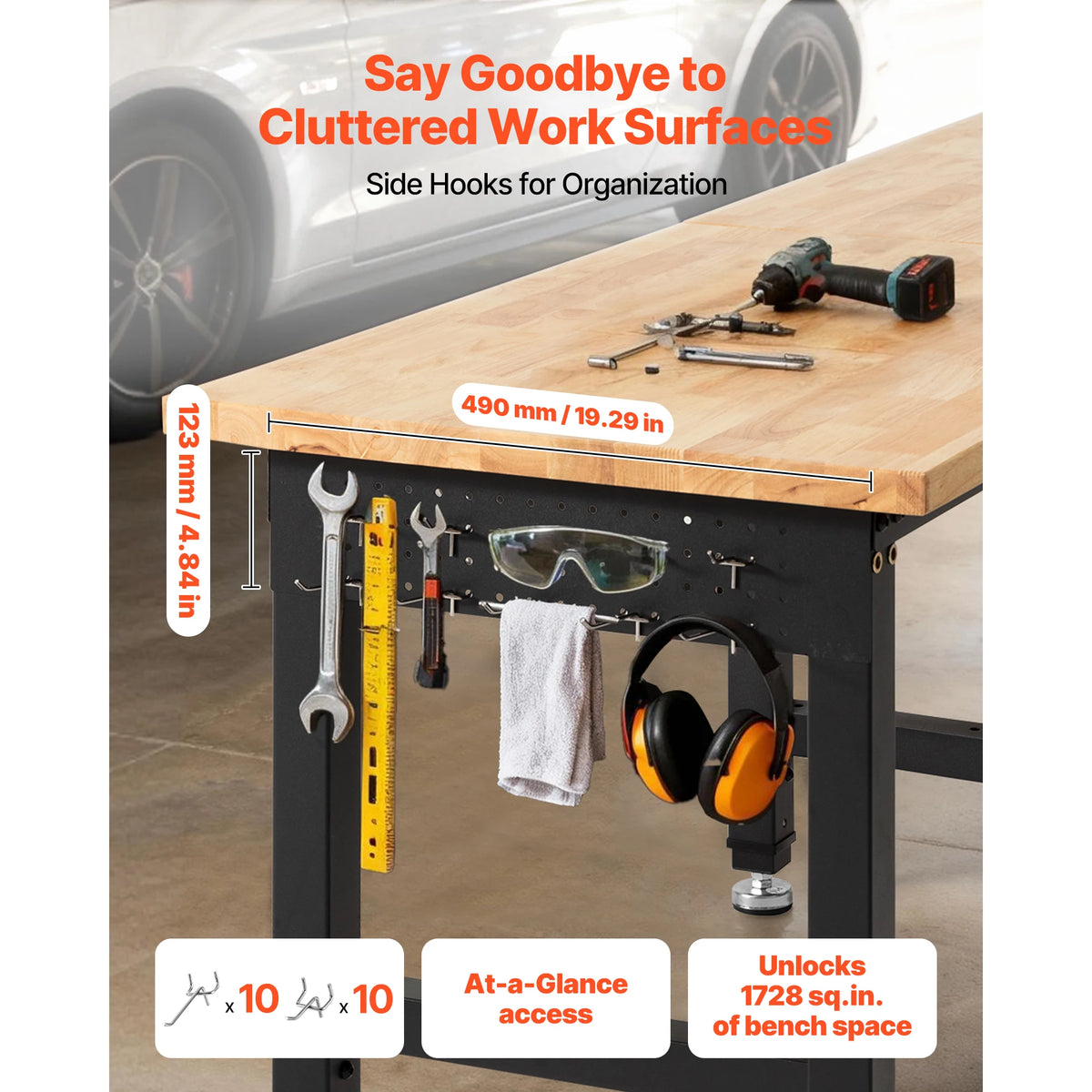 SucceBuy 5000 lbs Adjustable Workbench 72/96 x 24in Oak Wood Top Workstation with 4 AC Outlets Hardwood Worktable for Garage