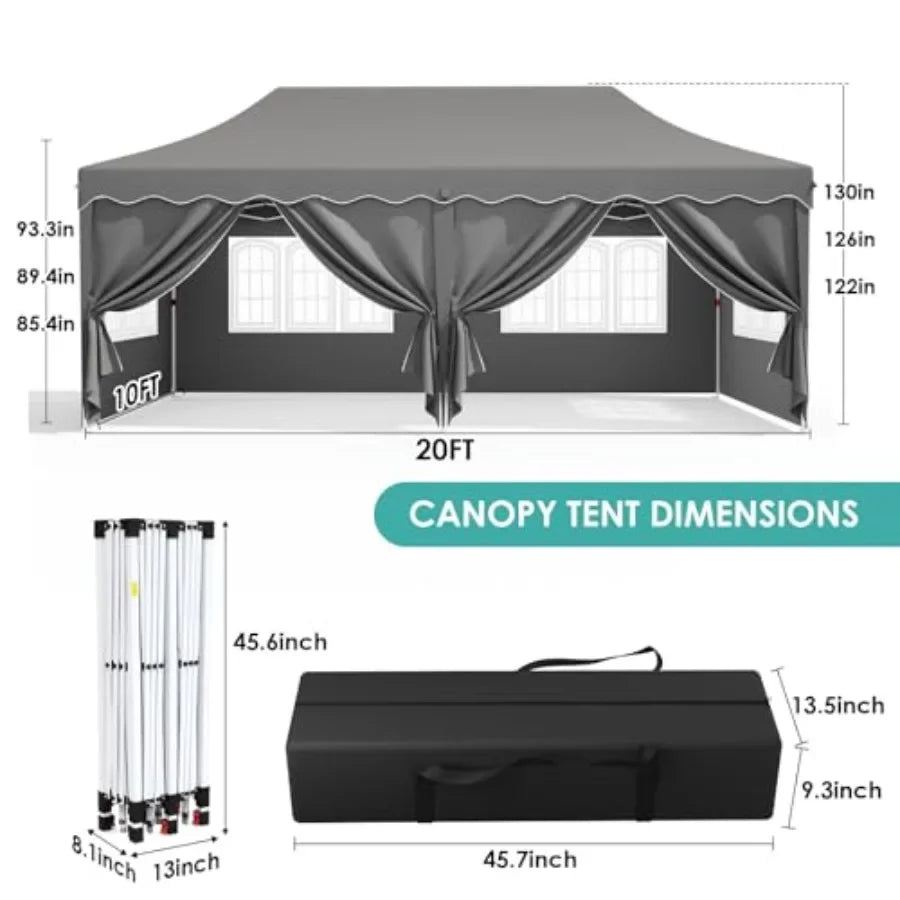 10x20ft Pop up  Tent w/6 Sidewalls Heavy Duty Wedding Party Tent Height Adjustable Large Commercial Gazebo  Sun Protection Shel