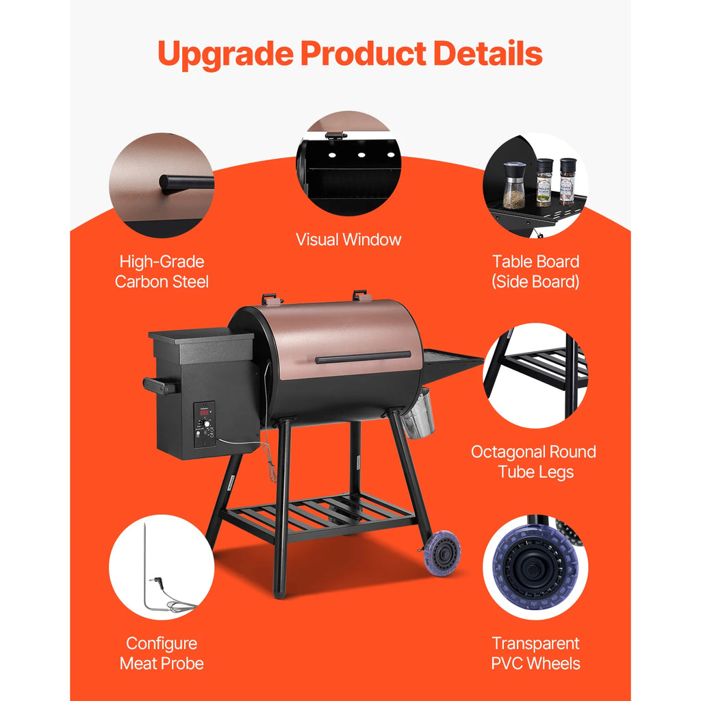 SucceBuy Wood Pellet Grill Smoker 8 in 1 BBQ Grills for Outdoor Cooking with Digital Controller Meat Probe 500°F Max Temperature