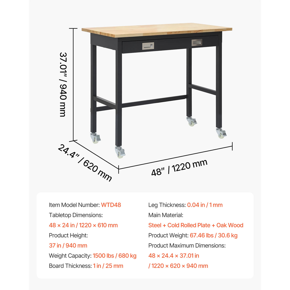SucceBuy 48-inch Workbench 1500 lbs Capacity Garage Workbench with Drawer Storage & Wheels Workshop Bench on Wheels for Workshop