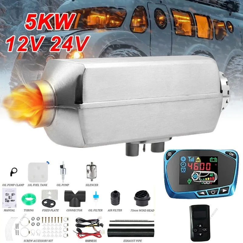 Car Diesel Heater 12V 24V 5KW Air Diesel Parking Heater Low Noise for Truck RV Trailer Boat Heating Remote Control Air Heater Amocart
