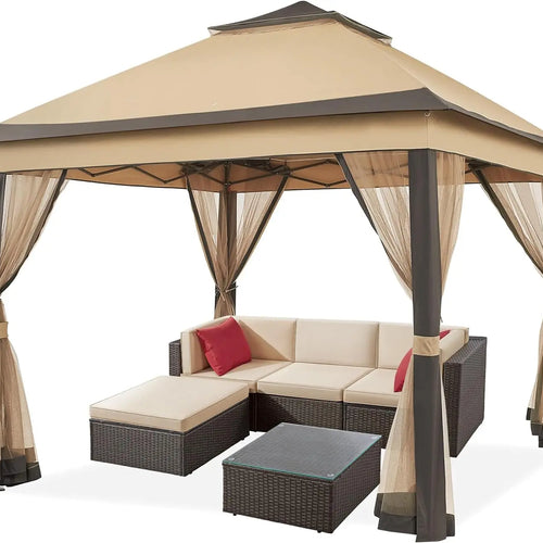 Gazebo 3.3x3.3m Waterproof Stable Pop Up Folding Gazebo, Adjustable Garden Gazebo with 4 Mosquito Net Side Panels & Double Roof