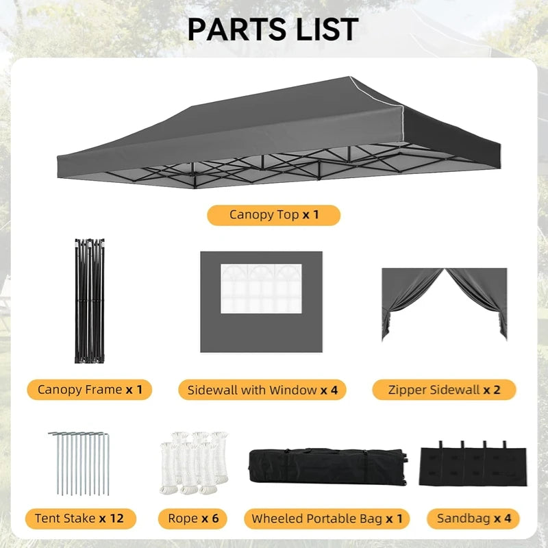 Aoxun 10x20FT Pop Up Gazebo Heavy Duty Instant Canopy Tent with Sides Waterproof Outdoor Shelter for Garden Party BBQ with Wheeled Bag