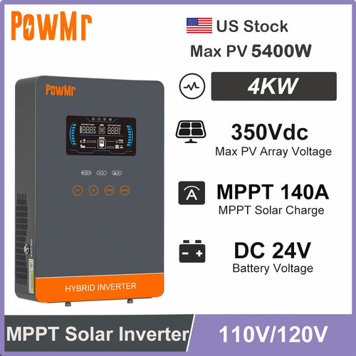 US Stock 4KW Hybrid Solar Inverter DC 24V to 120V AC With 140A MPPT Solar Charger Max PV Power 5400W Fit LifePO4 for Home Use