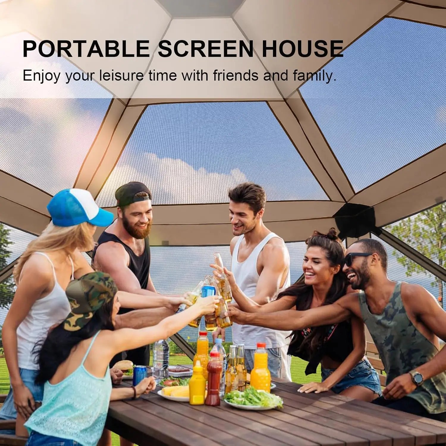 12x12 FT Screened Gazebo, Pop Up Stargazing Canopy Tent, Khaki | Gazebos On Clearance with Removable Roof,Instant, Customized