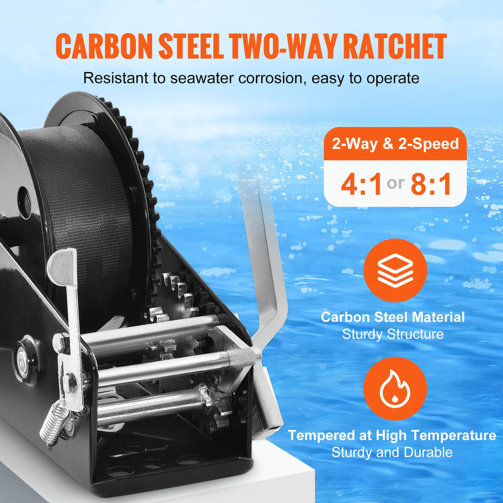 SucceBuy Hand Winch BoatTrailer Winch Heavy Duty Rope Crank Polyester Strap and Two-Way Ratchet Manual Operated Hand Crank Winch