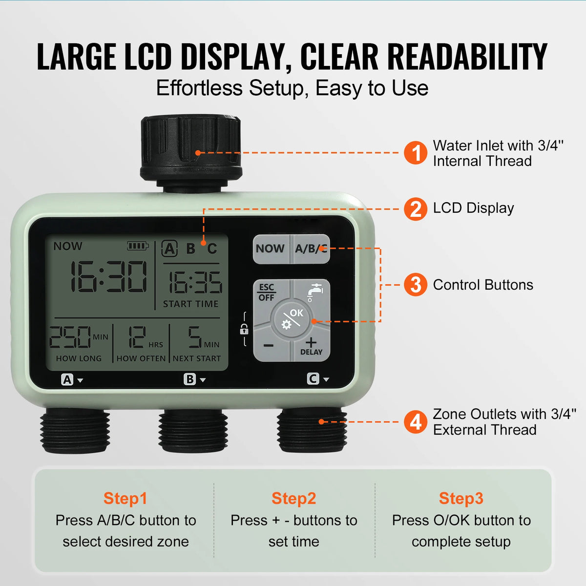 SucceBuy Water Timer 3 Outlets Hose 3 Independent Watering Zone LCD Display Rain Delay Mode Manual Mode Watering Sprinkler Timer Amocart