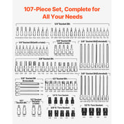 Charger l'image dans la visionneuse de galerie, SucceBuy Jeu de douilles pour embouts 107 pièces, métriques et SAE, six pans/Torx/Torx externe/inviolables/extra longues, en acier allié S2 et en acier Cr-V
