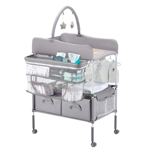 SucceBuy Baby Changing Table Foldable Diaper Change Station with 2 Fabric Drawers Side Basket & Hanging Rod Adjustable Height