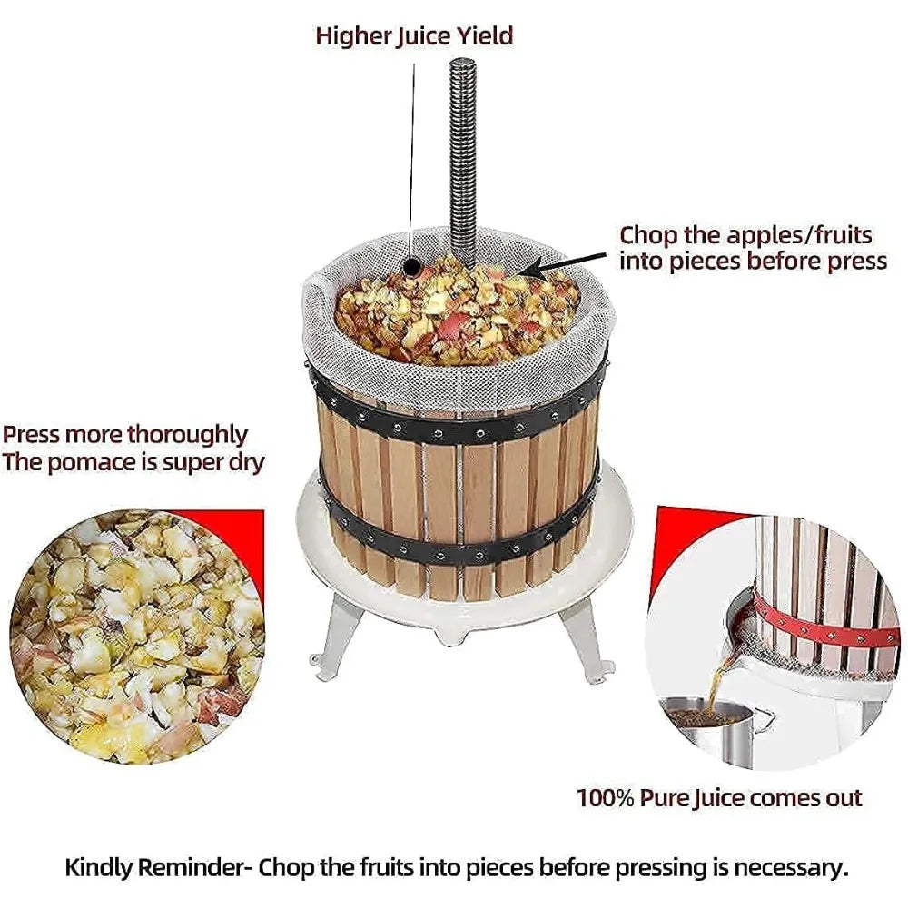 Fruit Crusher Apple Cider Wine Press 3.17 Gallon 12L Solid Wood Basket Press