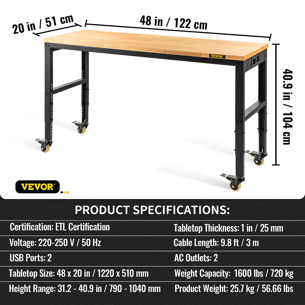 SucceBuy Heavy-Duty Workbench 72cm Adjustable Height Oak Wood Hardwood Top Table 900KG Load Capacity for Office Home Workshop