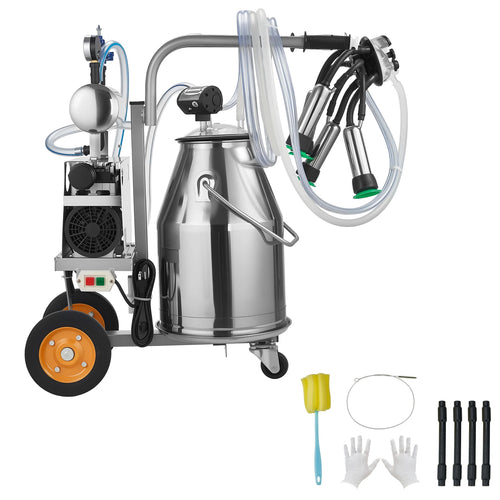 SucceBuy Electric Cow Milking Machine 6.6 Gal 25L 304 Stainless Steel Bucket Food-Grade Teat Cups Silicone Hose Wheels for Cow