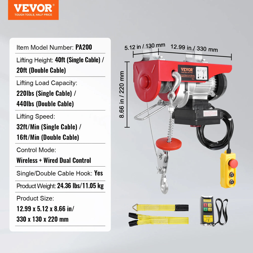 SucceBuy 440lbs Wireless Electric Lifting Hoist with 40ft Single/20ft Double Slings Lifting Height Lift Hoist for Garage