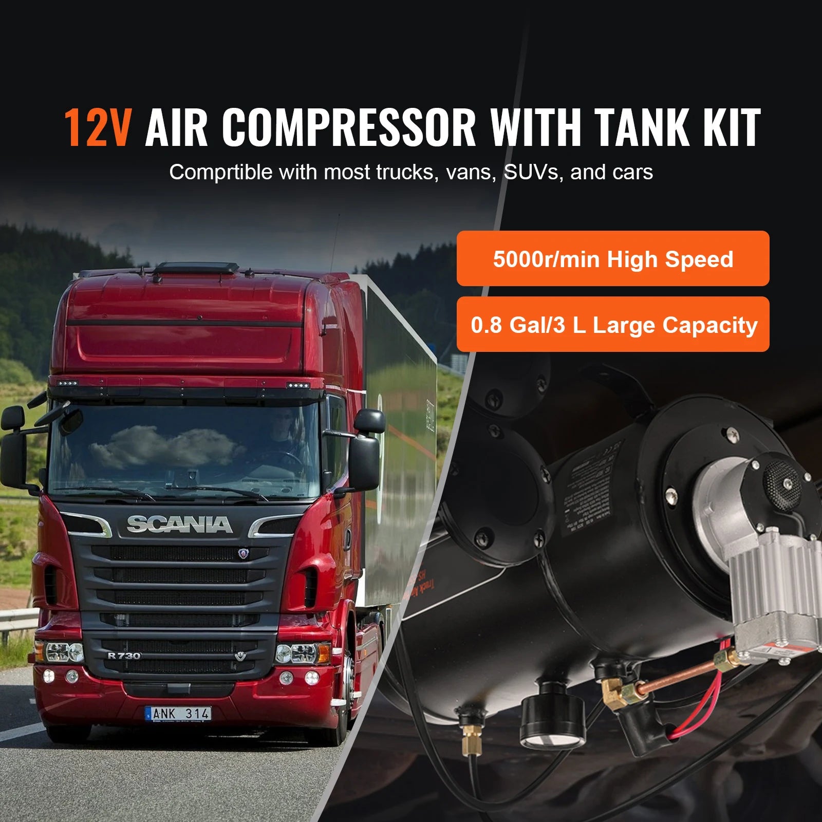 SucceBuy 12V Air Compressor with Tank 0.8 Gal/3L Train Horn Air Compressor 120psi Working Pressure Onboard Air Compressor System