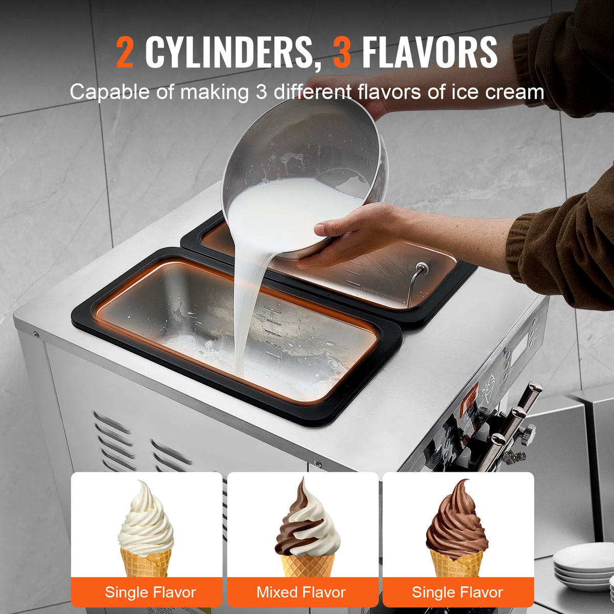VEVOR Commercial Soft Ice Cream Machine 3 Flavors PreCooling LED Panel Allows Single Cylinder Use Overnight Refrigeration Amocart