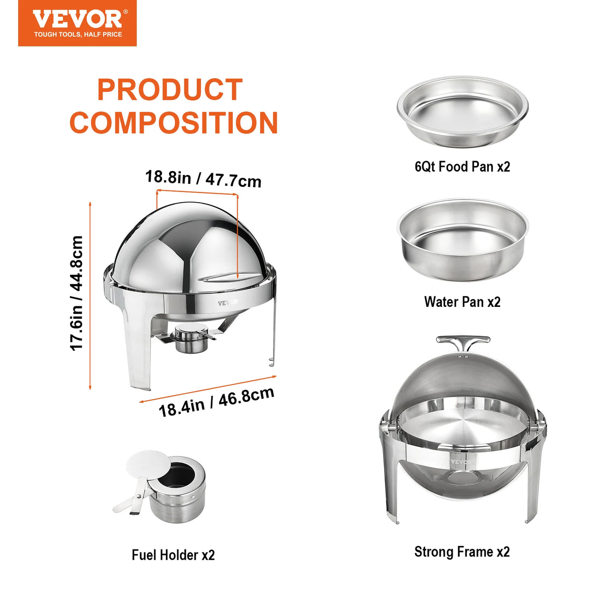 SucceBuy Roll Top Chafing Dish Buffet Set 6 Qt 2 Pack Stainless Steel Chafer with 2 Full Size Pans Round Catering Warmer Server Amocart
