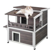 Bild in Galerie-Viewer laden, SucceBuy Outdoor Cat House Weatherproof Feral Cat Shelter 2-story Large Outdoor Wooden Cat House with Balcony Door and Open Roof
